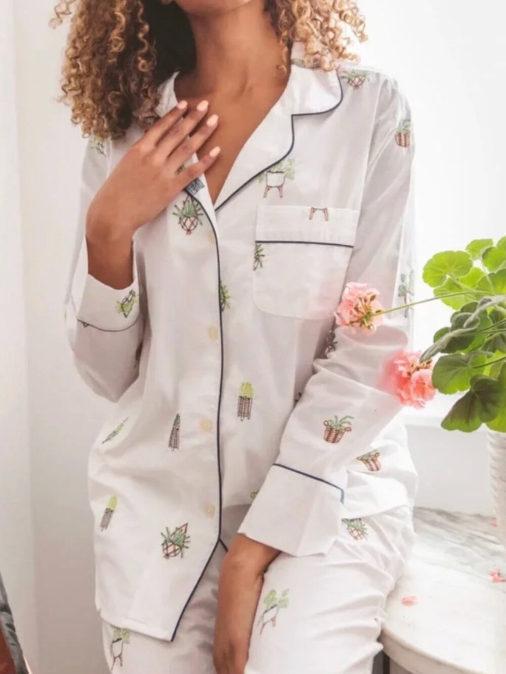 PrintFresh Pajama Top M Embroidered House Plants Organic Cotton Long Sleeve